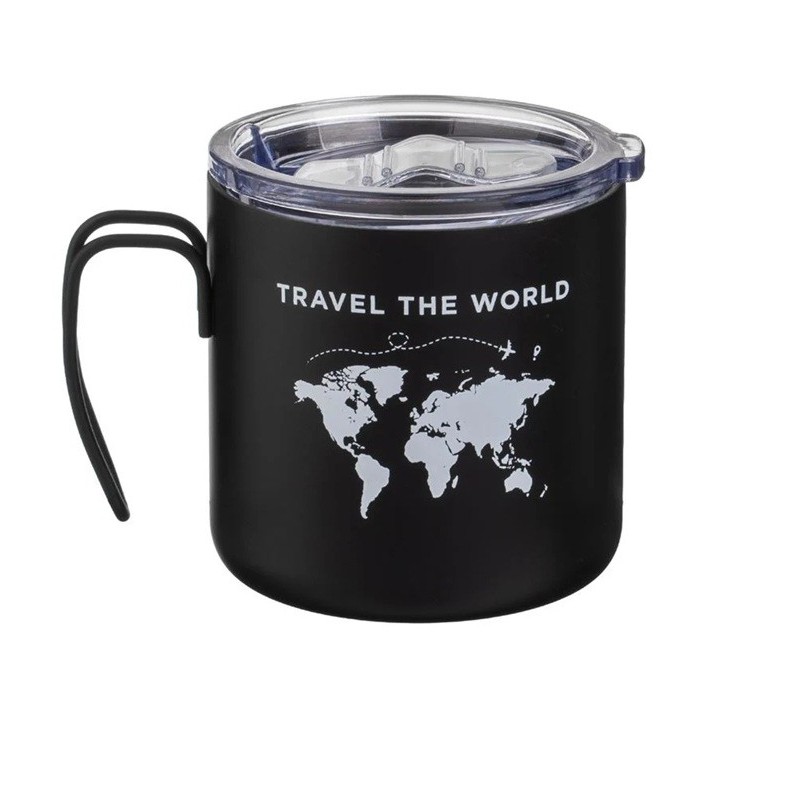 Cana din Otel Inoxidabil Negru cu Imprimeu Harta "Travel the World"