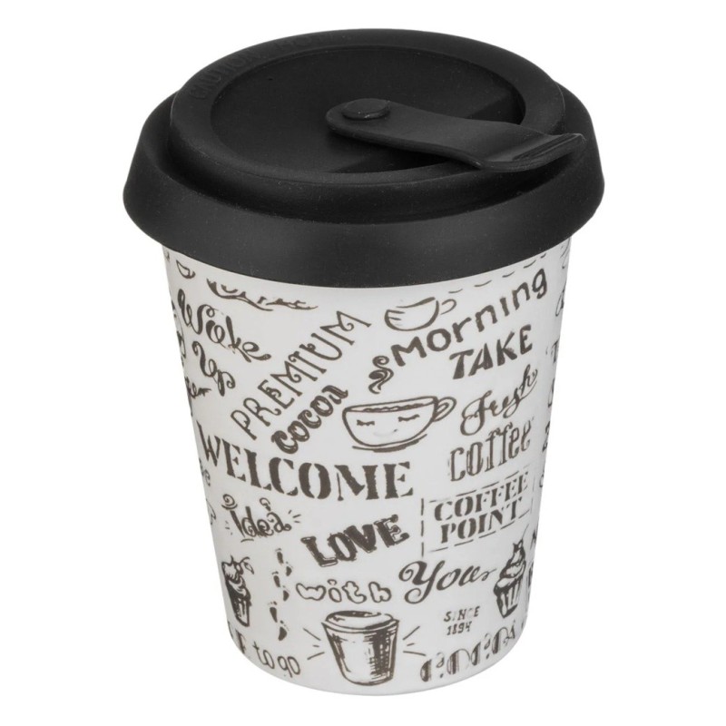 Pahar ceramic cu Litere Gravate & Capac din Silicon cu Buton 380ml