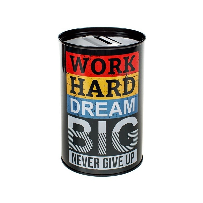 Pusculita Metalica Neagra "Work Hard Dream Big" Ø8x12cm