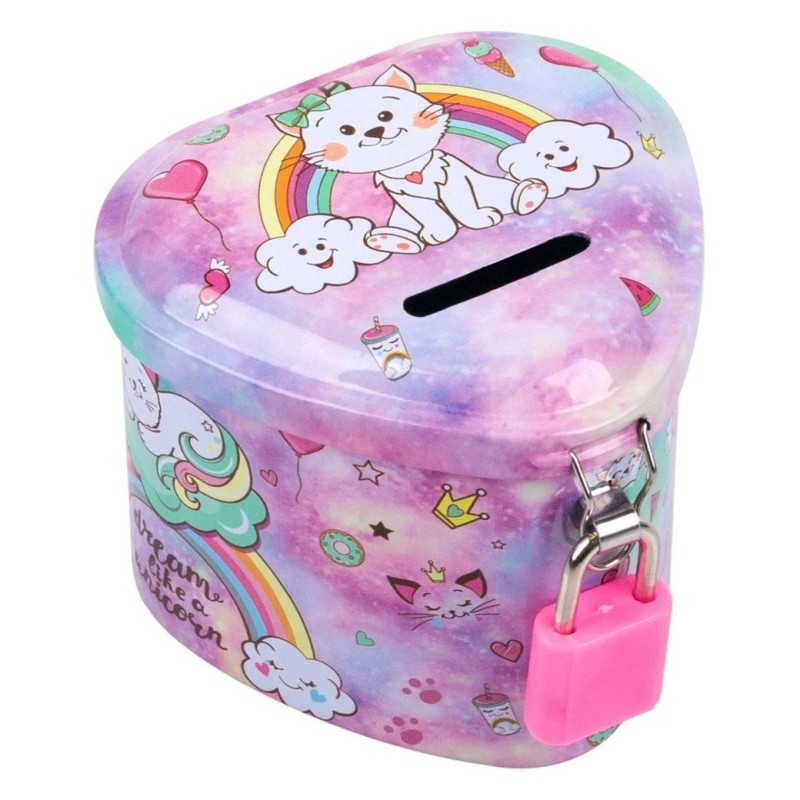 Pusculita Metalica pentru Copii cu Lacat Mov Inima Pisica 8x8x6cm