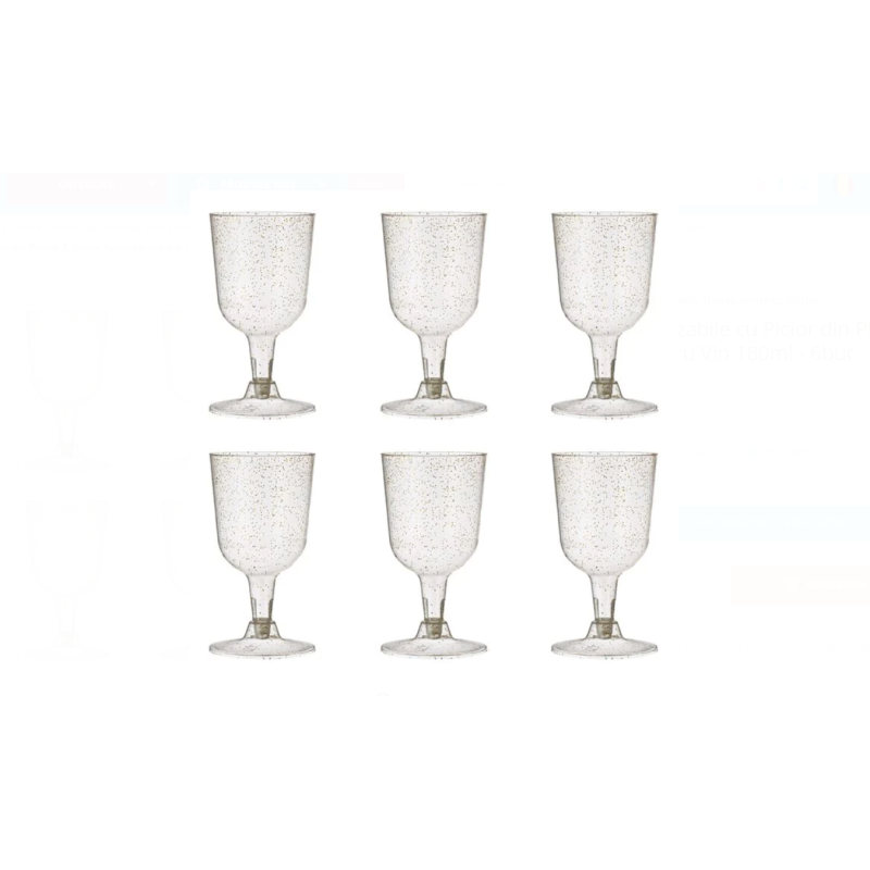 Set 6 Pahare Reutilizabile pentru Vin cu Picior, Glitter Auriu, 180ml