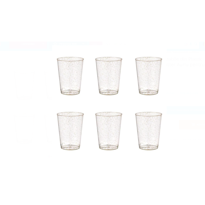Set 6 Pahare Reutilizabile pentru Apa, Transparente cu Glitter Auriu, 300ml