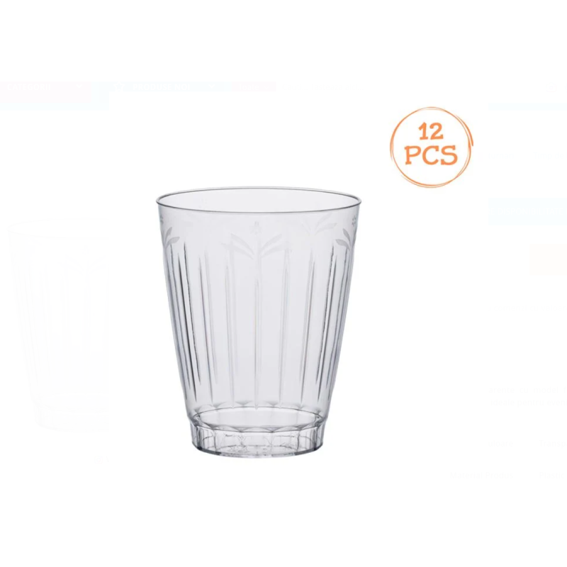 Set 12 Pahare Rotunde cu Model Floral, Transparente, 300ml